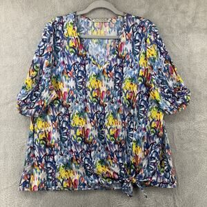 SNOSKINS Top Womens XL Blue Stretch Tie Hem V- Neck Elbow Sleeve Art to Wear